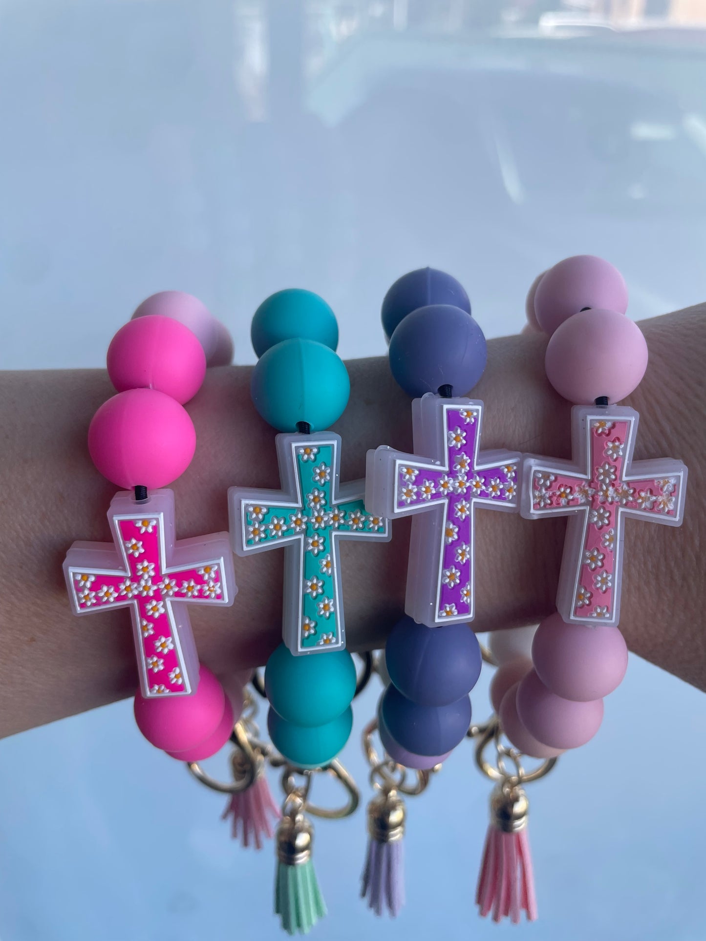 Silicone Cross Beaded Wristlet Keychain
