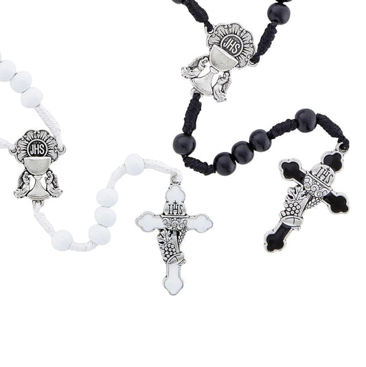 First Communion Cord Rosary In White & Black