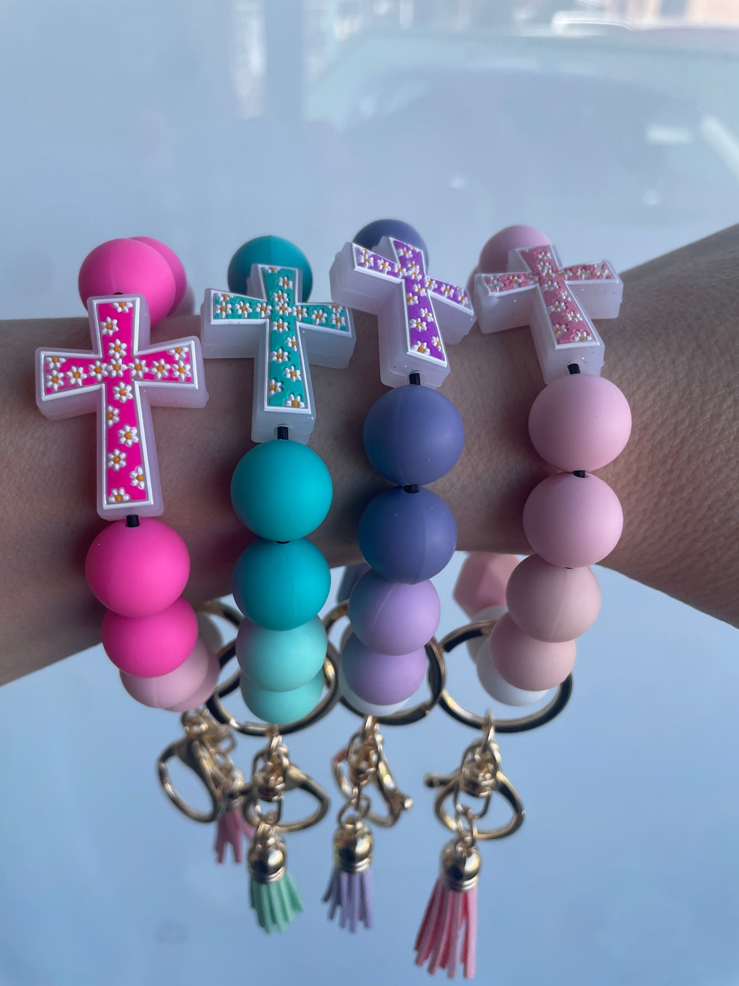 Silicone Cross Beaded Wristlet Keychain
