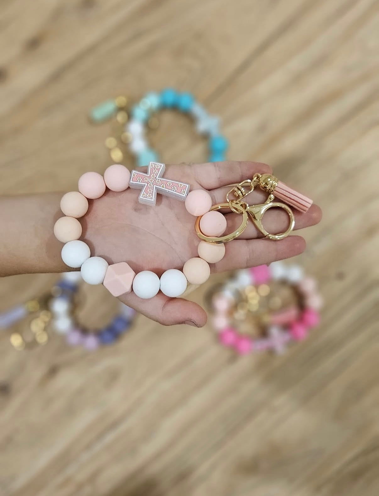 Silicone Cross Beaded Wristlet Keychain